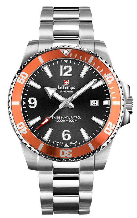 Le Temps Swiss Naval Patrol Diver 300m color plata/naranja 316L 43mm