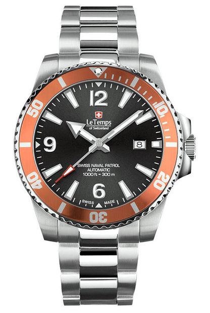 Le Temps Automático Swiss Naval Diver 300m color plata/naranja 316L 43mm