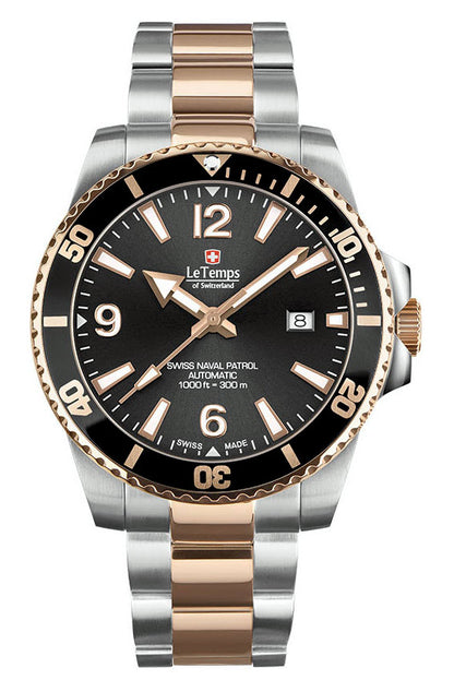 Le Temps Automático Swiss Naval Diver 300m color plata/oro rosa 316L 43mm