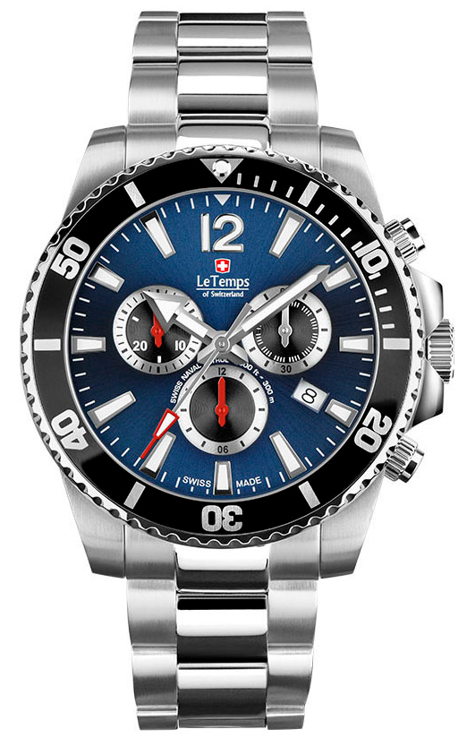 Le Temps Swiss Naval Patrol Diver 300m Cronógrafo azul 316l 43mm