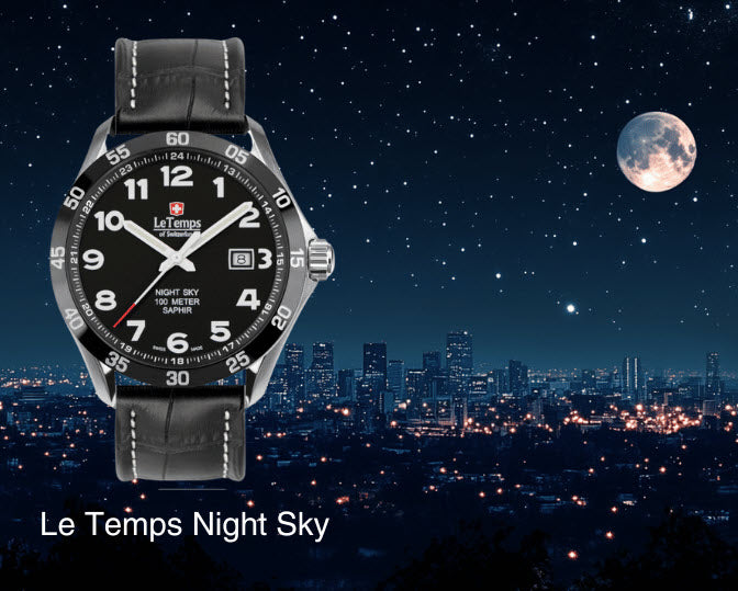 Le Temps Sport Elegance Gent cuero negro Night Sky 316L 43mm