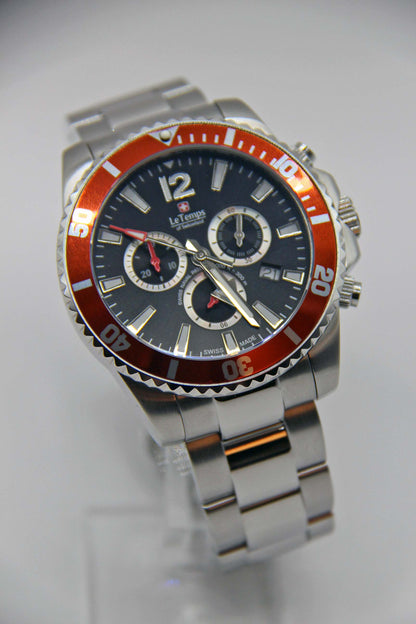 Le Temps Swiss Naval Patrol Diver 300m Cronógrafo naranja 316l 43mm