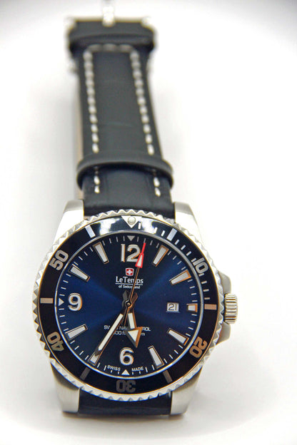 Le Temps Swiss Naval Patrol Diver 300m azul/negro cuero 43mm