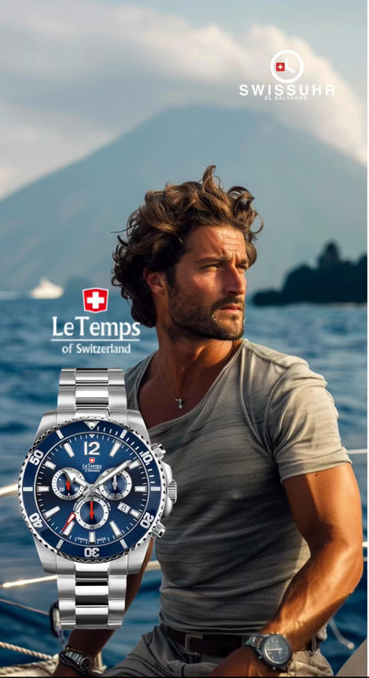 Le Temps Swiss Naval Patrol Diver 300m Cronógrafo azul 316l 43mm