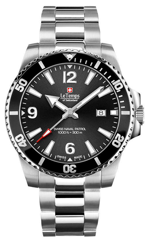 Le Temps Swiss Naval Patrol Diver 300m color plata/negro 316L 43mm