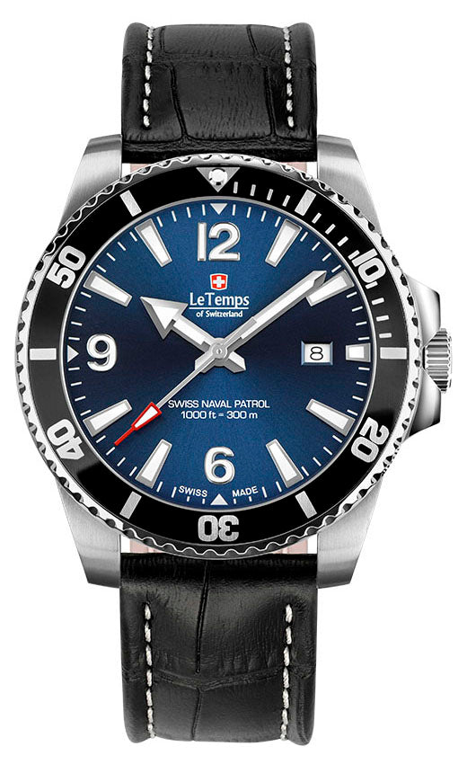 Le Temps Swiss Naval Patrol Diver 300m azul/negro cuero 43mm