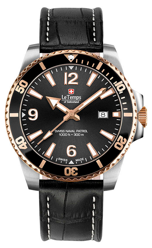 Le Temps Swiss Naval Patrol Diver 300m cuero negro color plata/oro rosa PVD 43mm