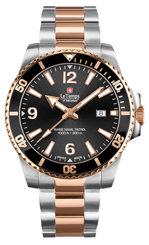 Le Temps Swiss Naval Patrol Diver 300m 316L color plata/oro rosa PVD 43mm