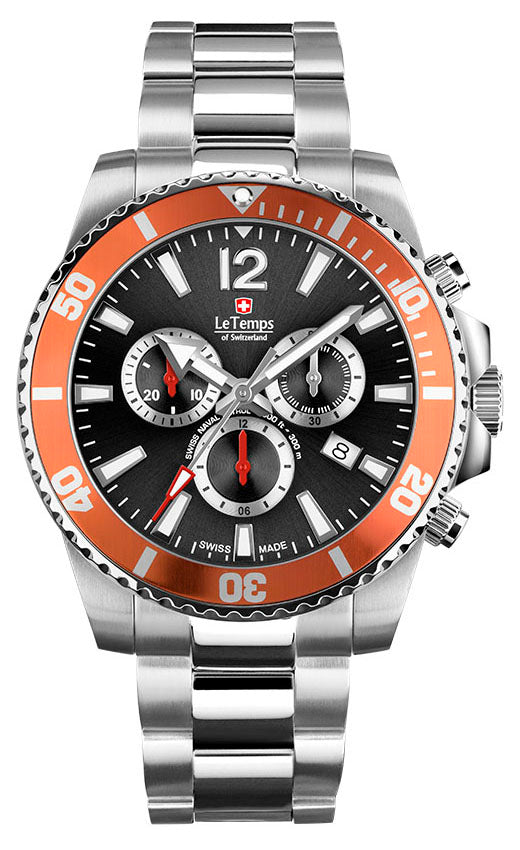 Le Temps Swiss Naval Patrol Diver 300m Cronógrafo naranja 316l 43mm